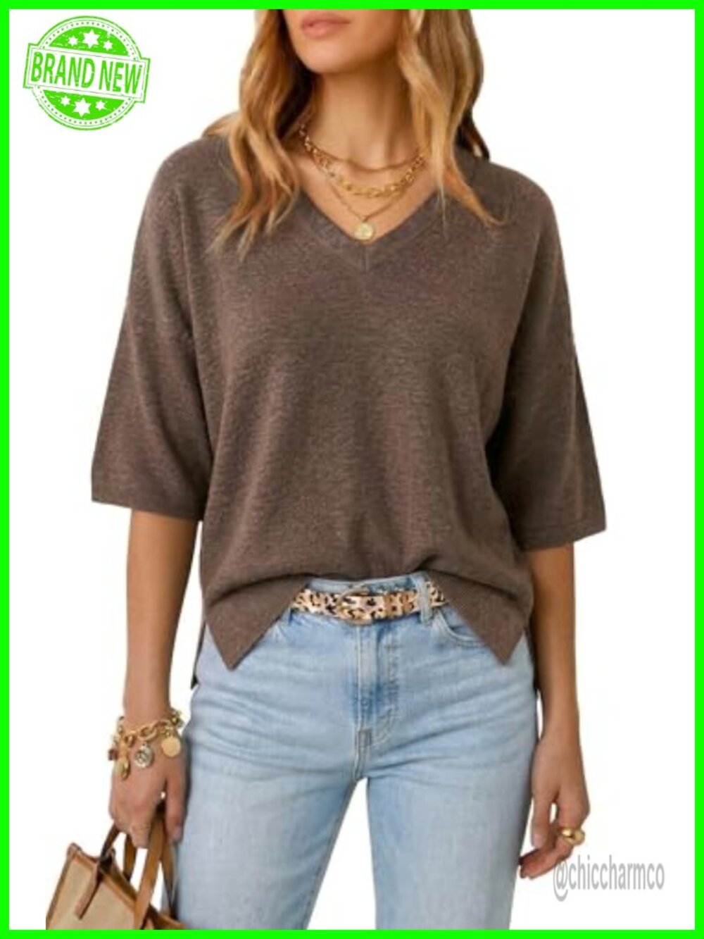 Wool Blend Elbow Sleeve Oversized Casual Sweater V-Neck Pullover